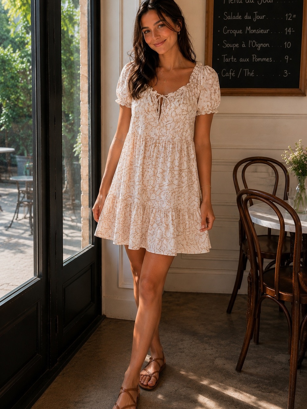 LOFT Cream Floral Tie-Front Puff Sleeve Mini Dress